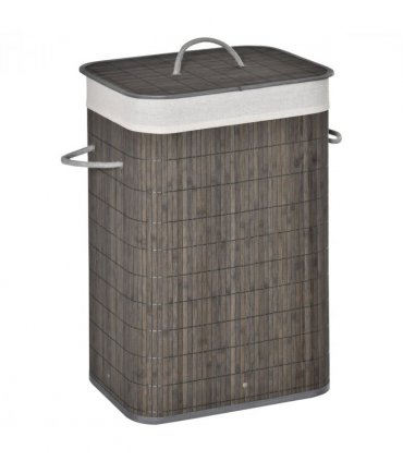 Bamboo Laundry Basket with Flip Lid Foldable, Grey Handles Lining,