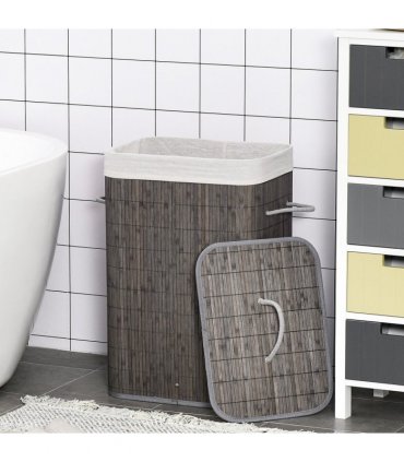 Bamboo Laundry Basket with Flip Lid Foldable, Grey Handles Lining,