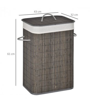 Bamboo Laundry Basket with Flip Lid Foldable, Grey Handles Lining,
