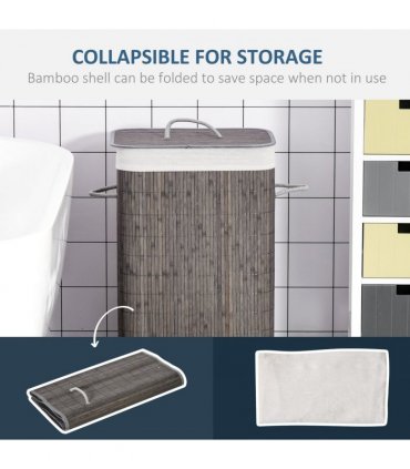 Bamboo Laundry Basket with Flip Lid Foldable, Grey Handles Lining,