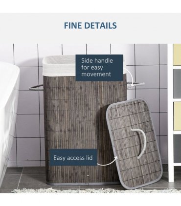 Bamboo Laundry Basket with Flip Lid Foldable, Grey Handles Lining,