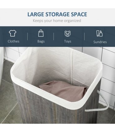 Bamboo Laundry Basket with Flip Lid Foldable, Grey Handles Lining,