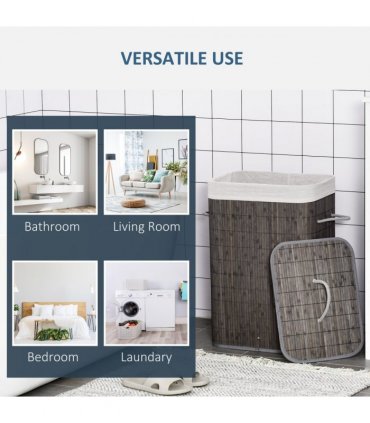 Bamboo Laundry Basket with Flip Lid Foldable, Grey Handles Lining,