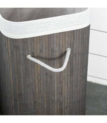 Bamboo Laundry Basket with Flip Lid Foldable, Grey Handles Lining,