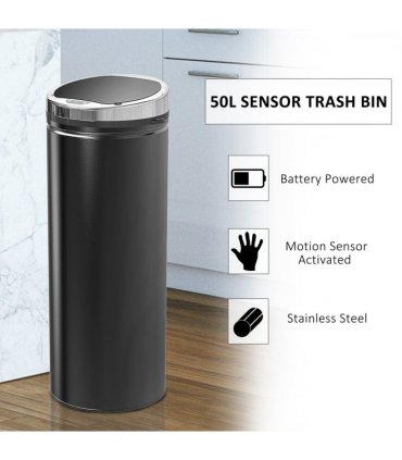Sensor Trash Can 50L Stainless Steel Black 30.5cm x 30.5cm x 81.5cm