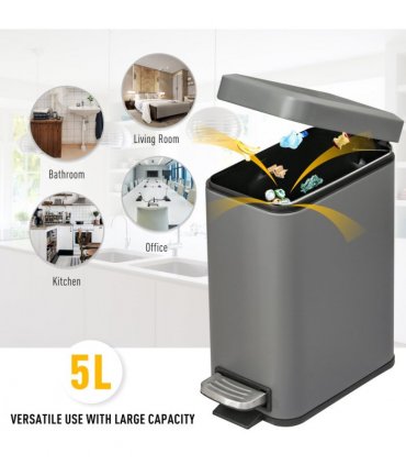 Steel Grey 5L Step Trash Can with Quiet-Closed Lid, Silent and Gentle Open