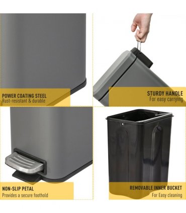Steel Grey 5L Step Trash Can with Quiet-Closed Lid, Silent and Gentle Open