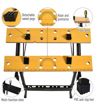 Work Bench DURHAND MDF Top Portable Work Bench w Adjustable Clamps Black