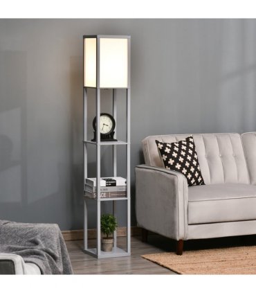 Floor Lamp 4-Tier Grey MDF 26cm x 26cm x 160cm - Light with Storage Shelf