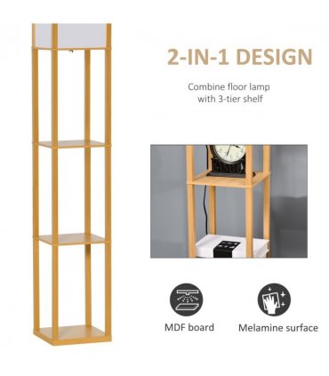 Floor Lamp 4-Tier Natural Beech wood 26cm x 26cm x 160cm Storage Shelf