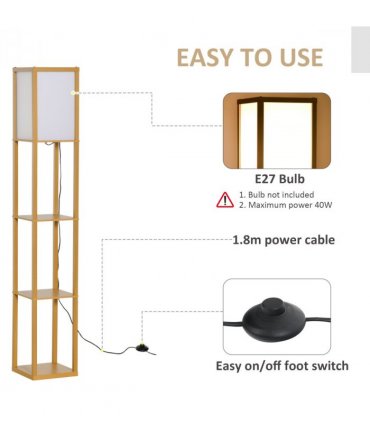 Floor Lamp 4-Tier Natural Beech wood 26cm x 26cm x 160cm Storage Shelf