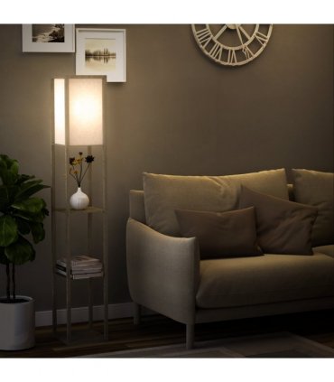 Floor Lamp 4-Tier White and Oak 26cm x 26cm x 160cm Solid MDF with Shelves