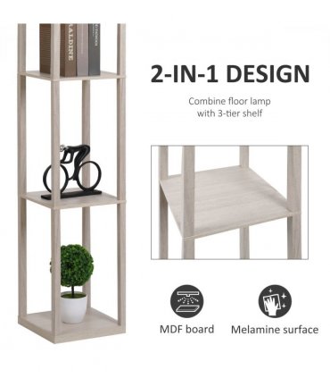 Floor Lamp 4-Tier White and Oak 26cm x 26cm x 160cm Solid MDF with Shelves