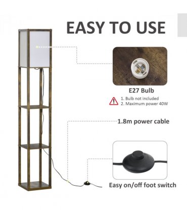 Floor Lamp Rustic Brown 4-Tier 26cm x 26cm x 160cm - Light with Storage Shelf
