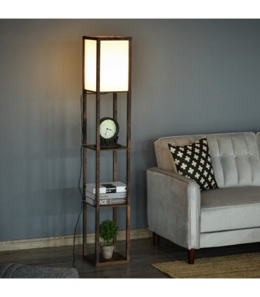 Floor Lamp Rustic Brown 4-Tier 26cm x 26cm x 160cm - Light with Storage Shelf