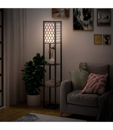 Floor Lamp 4-tier Open Shelves Wooden, 26L x 26W x 160Hcm-Black/White