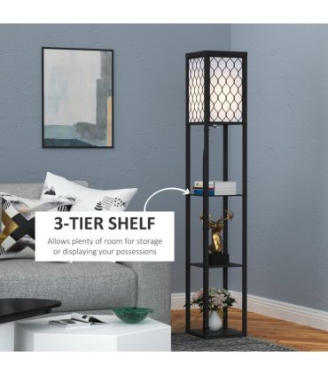 Floor Lamp 4-tier Open Shelves Wooden, 26L x 26W x 160Hcm-Black/White