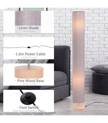 Floor Lamp Wooden Base, Linen Fabric Grey 120H cm x 15cm x 15cm Uplighter