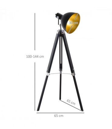 Retro Tripod Floor Lamp Dome Shade Light Wooden Legs-Black/Gold 65cm x 65cm
