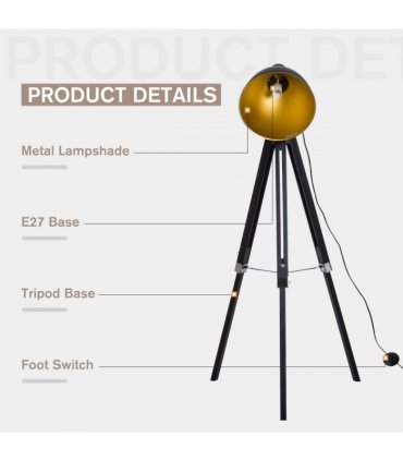 Retro Tripod Floor Lamp Dome Shade Light Wooden Legs-Black/Gold 65cm x 65cm