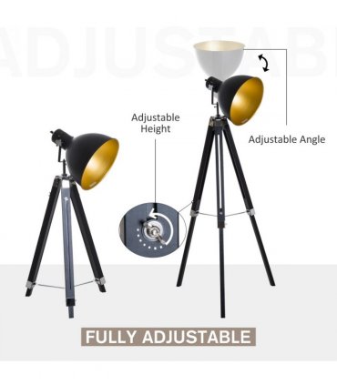 Retro Tripod Floor Lamp Dome Shade Light Wooden Legs-Black/Gold 65cm x 65cm