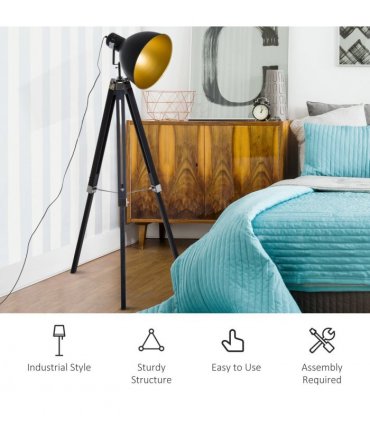 Retro Tripod Floor Lamp Dome Shade Light Wooden Legs-Black/Gold 65cm x 65cm