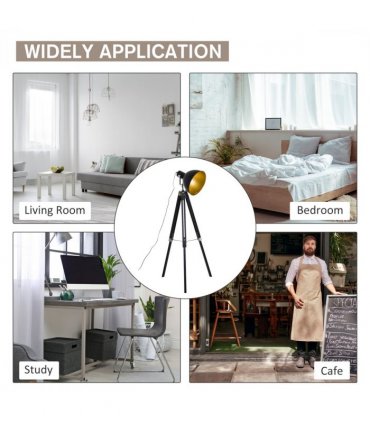 Retro Tripod Floor Lamp Dome Shade Light Wooden Legs-Black/Gold 65cm x 65cm
