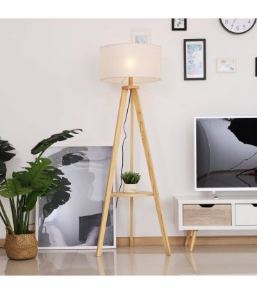 Floor Lamp, 154H cm-Beige/Natural Wood Colour