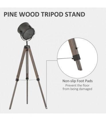 Tripod Spotlight Floor Lamp Grey Pine Wood 155cm Height Adjustable E27 Bulb Base