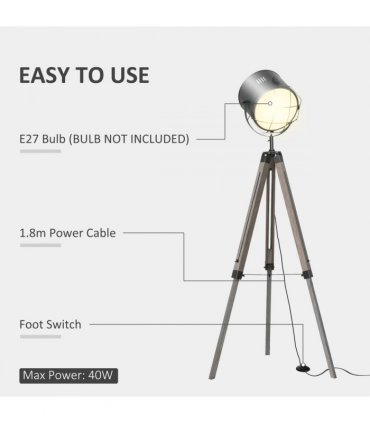 Tripod Spotlight Floor Lamp Grey Pine Wood 155cm Height Adjustable E27 Bulb Base