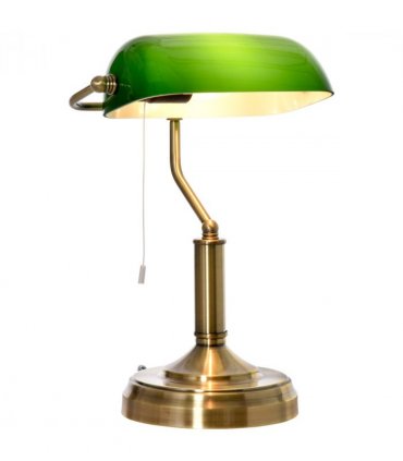 Banker's Table Lamp Desk Lamp w/Antique Bronze Base, Glass Shade and Pull Rope