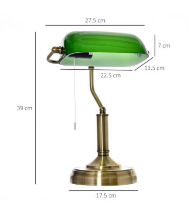 Banker's Table Lamp Desk Lamp w/Antique Bronze Base, Glass Shade and Pull Rope