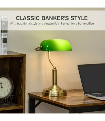 Banker's Table Lamp Desk Lamp w/Antique Bronze Base, Glass Shade and Pull Rope