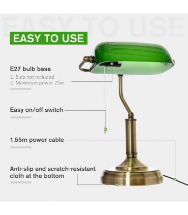 Banker's Table Lamp Desk Lamp w/Antique Bronze Base, Glass Shade and Pull Rope
