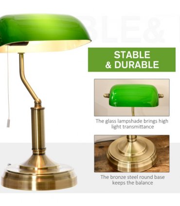 Banker's Table Lamp Desk Lamp w/Antique Bronze Base, Glass Shade and Pull Rope