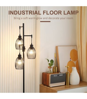 170cm Industrial 3-Light Floor Lamp, Dimmable Black