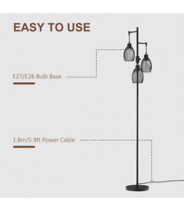170cm Industrial 3-Light Floor Lamp, Dimmable Black