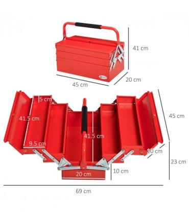 Metal Tool Box 3 Tier 5 Tray Professional Toolbox, 45x22.5x34.5cm, Red