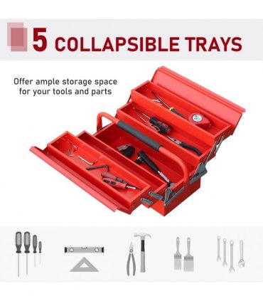 Metal Tool Box 3 Tier 5 Tray Professional Toolbox, 45x22.5x34.5cm, Red