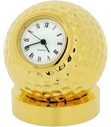 Miniature Clock Goldtone Plated Metal Golf Ball on Stand Solid Brass IMP25 - CLEARANCE NEEDS RE-BATTERY