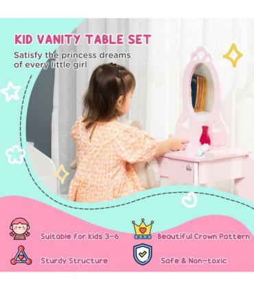 Kids Vanity Table & Stool Girls Dressing Set Make Up Desk with Mirror HOMCOM