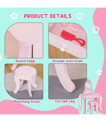 Kids Vanity Table & Stool Girls Dressing Set Make Up Desk with Mirror HOMCOM