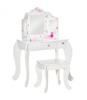 Kids Vanity Table & Stool Girls Dressing Set w/ Rotatable Mirror Drawer HOMCOM