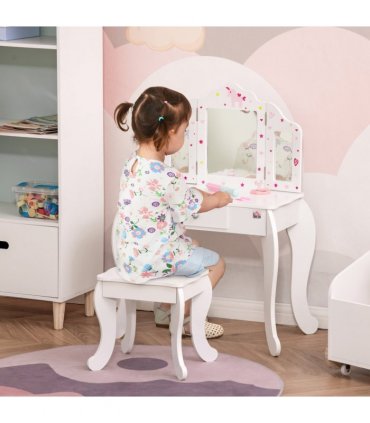 Kids Vanity Table & Stool Girls Dressing Set w/ Rotatable Mirror Drawer HOMCOM
