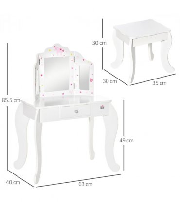 Kids Vanity Table & Stool Girls Dressing Set w/ Rotatable Mirror Drawer HOMCOM