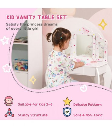 Kids Vanity Table & Stool Girls Dressing Set w/ Rotatable Mirror Drawer HOMCOM