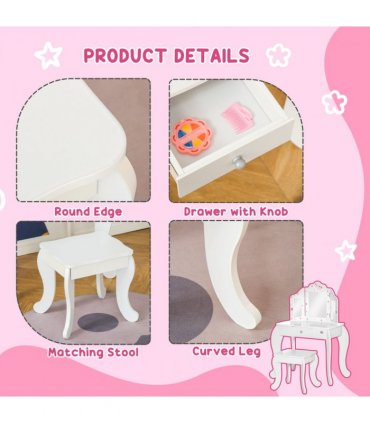Kids Vanity Table & Stool Girls Dressing Set w/ Rotatable Mirror Drawer HOMCOM