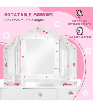 Kids Vanity Table & Stool Girls Dressing Set w/ Rotatable Mirror Drawer HOMCOM