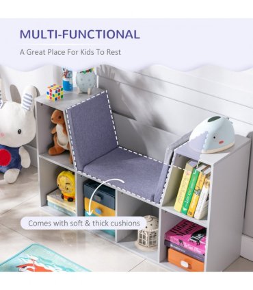 Kids Cabinet w/ Six Compartments for Toys, Clothes, Books - Grey HOMCOM