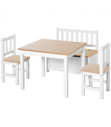 4-Piece Set Kids Wood Table Chair Bench Storage Function for 3 Years+ HOMCOM